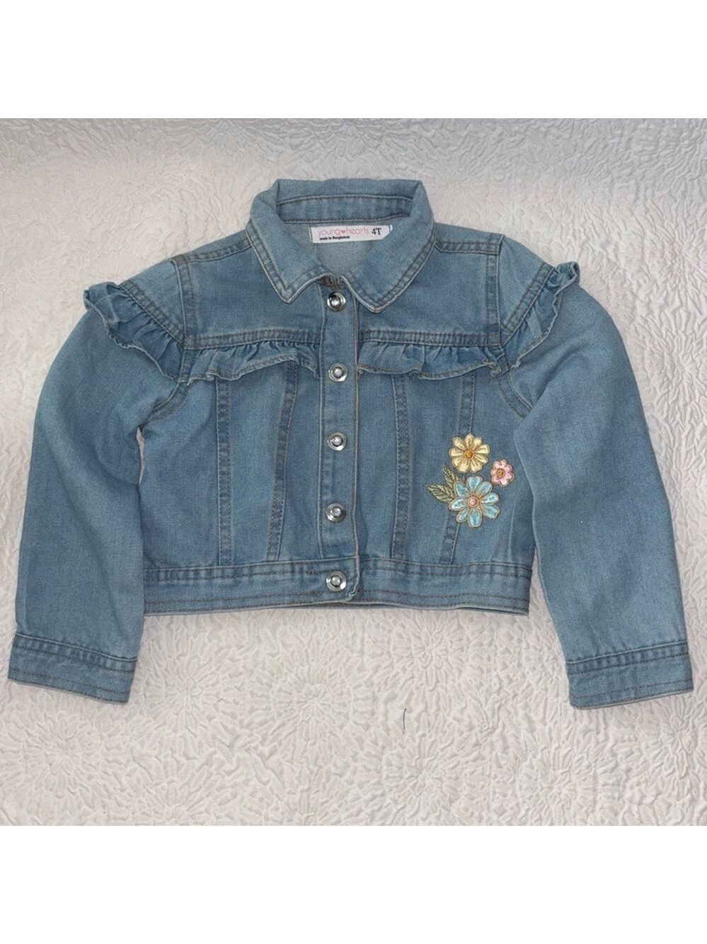Young Hearts Embroidered Floral Ruffle Details Denim Jacket